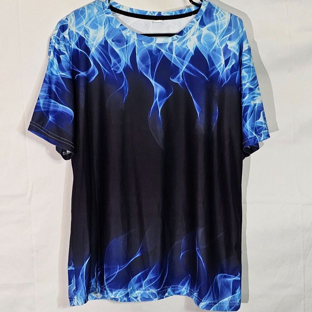 Men's Blue Fire Flame Graphic Print Short Sleeve T-Shirt Black XXL Fits L